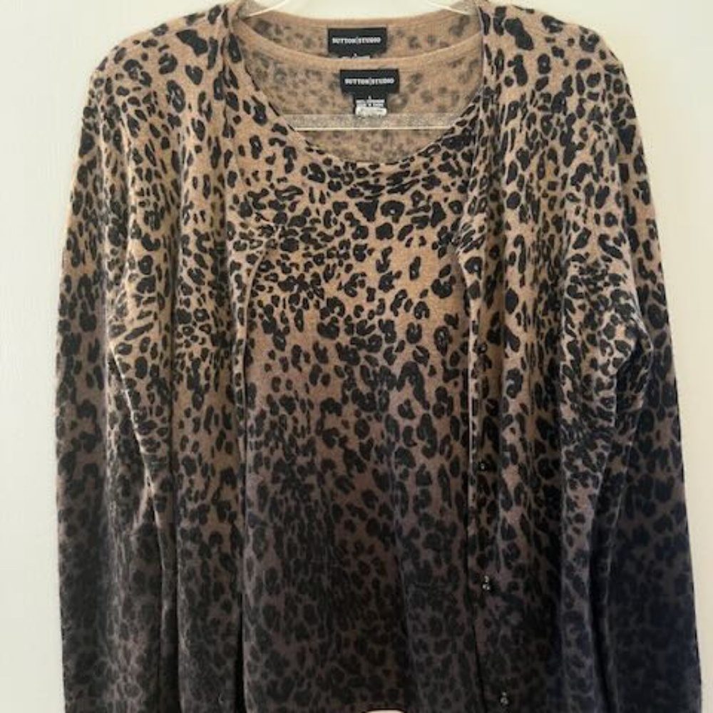 Wool Cashmere Ombre Cocoa Black Leopard Sweater Twinset Sutton Studio Saks M/L